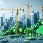 A cityscape with construction cranes and buildings intertwined with financial charts and green finance symbols, symbolizing the transformation of construction project financing through innovative models and sustainability initiatives.