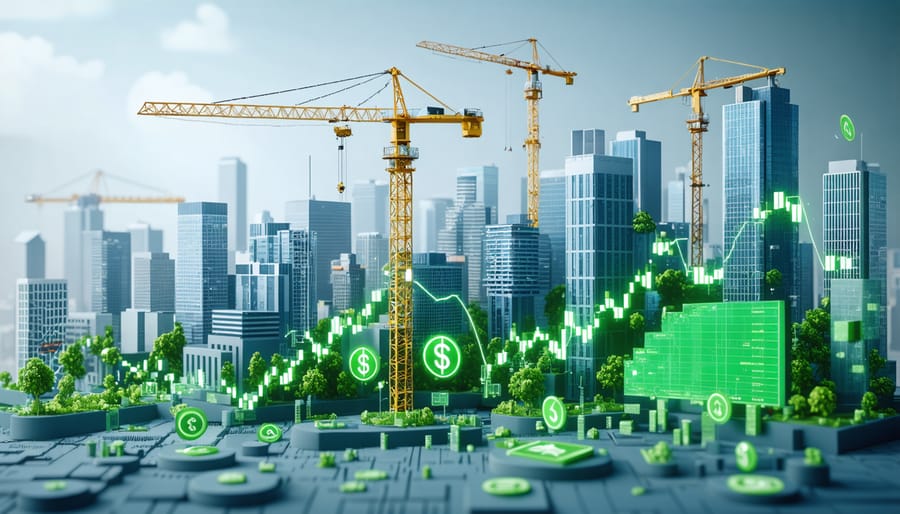 A cityscape with construction cranes and buildings intertwined with financial charts and green finance symbols, symbolizing the transformation of construction project financing through innovative models and sustainability initiatives.