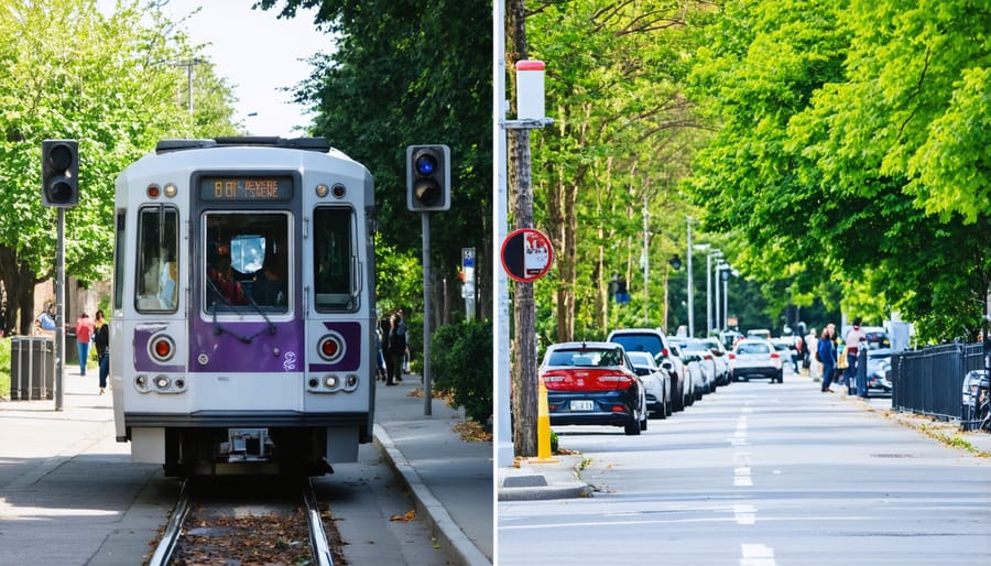 Split image contrasting public transportation access in wealthy versus low-income neighborhoods