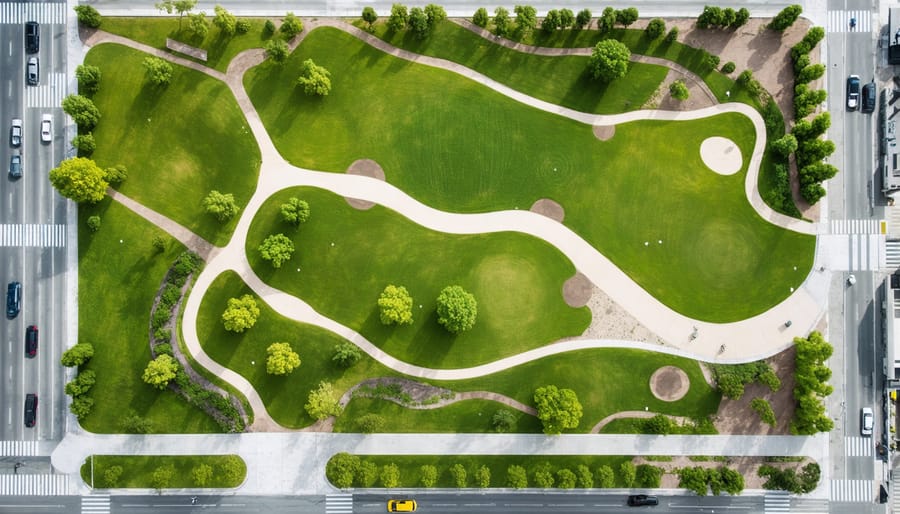 Bird's eye view of a renovated urban park showing innovative landscape design features