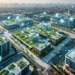 Aerial view of a futuristic city integrating sustainable construction technologies with smart procurement systems, featuring green spaces and innovative urban structures.
