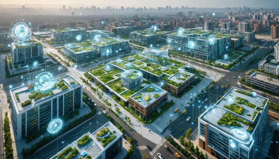 Aerial view of a futuristic city integrating sustainable construction technologies with smart procurement systems, featuring green spaces and innovative urban structures.