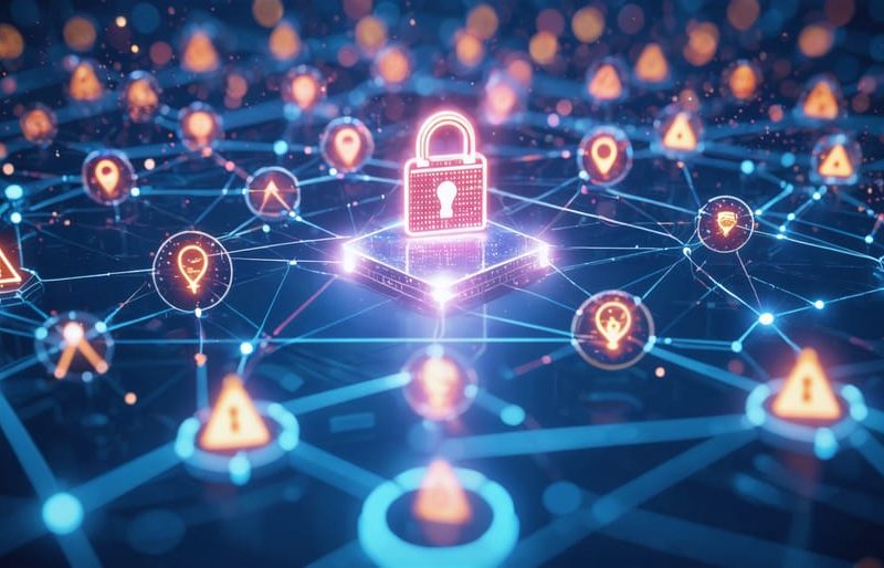 Illustration showing a network diagram with vendor nodes connected to a central construction company, highlighting vulnerabilities and cybersecurity measures within the supply chain ecosystem.