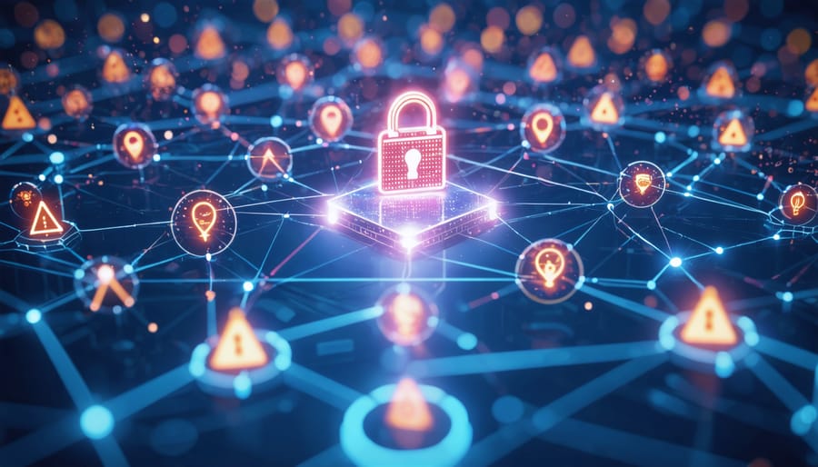 Illustration showing a network diagram with vendor nodes connected to a central construction company, highlighting vulnerabilities and cybersecurity measures within the supply chain ecosystem.