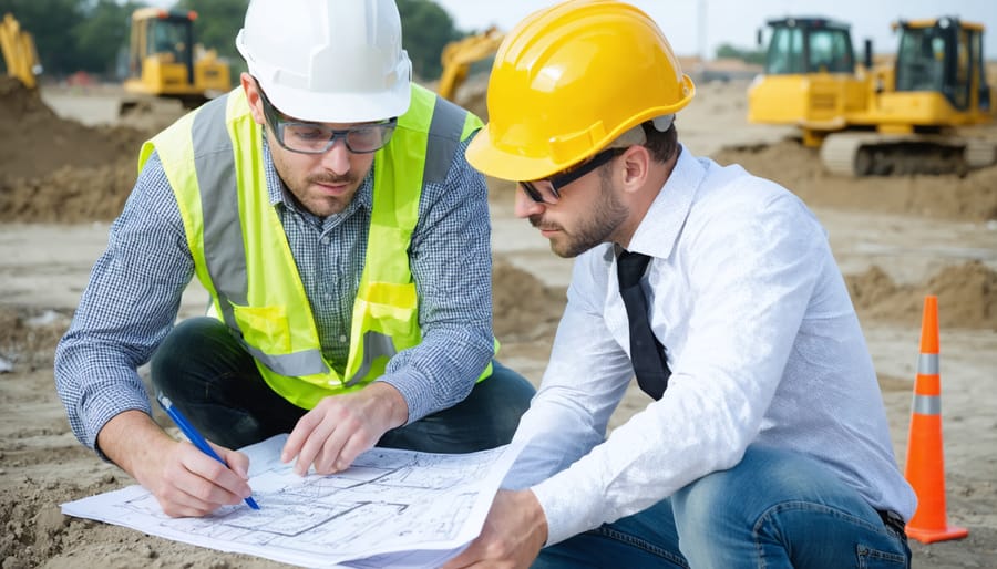 Construction professionals examining contractor licenses and project documentation
