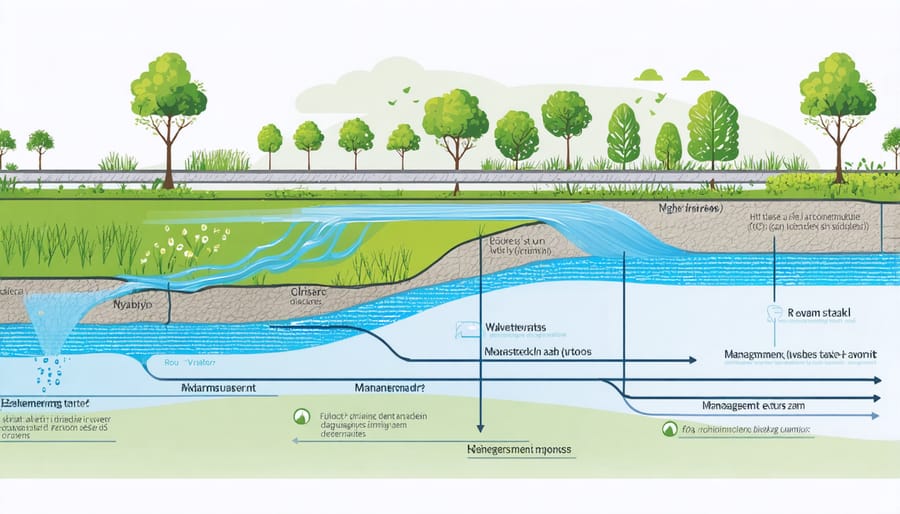 Technical illustration of integrated water management system for landscape design