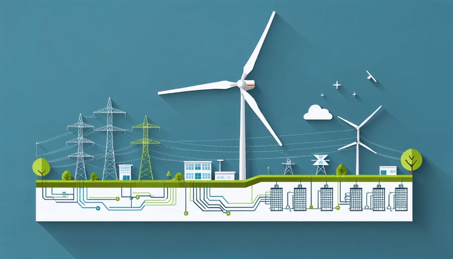 Technical diagram of wind turbine components and grid connection systems