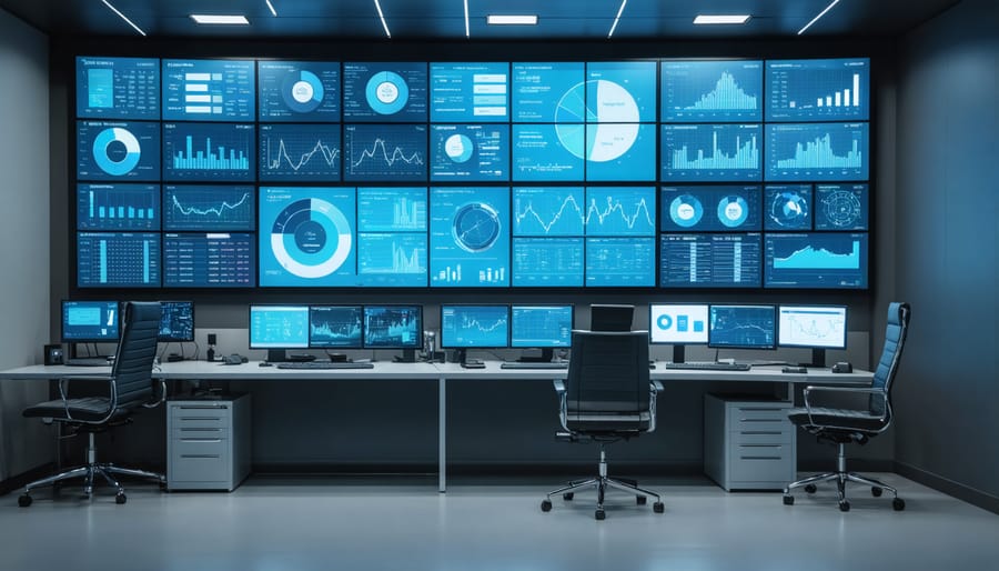 Modern building management control room with multiple screens displaying energy management data