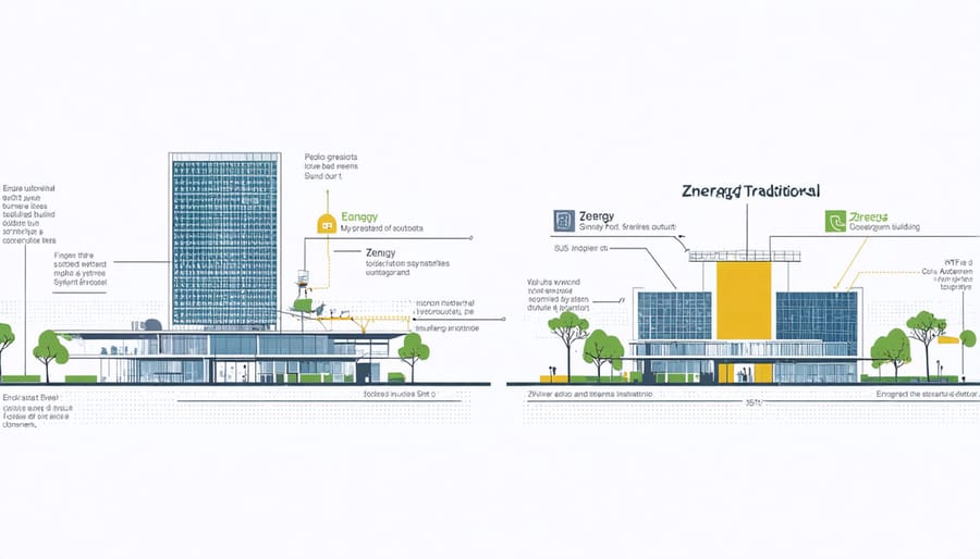 Side-by-side comparison of conventional and Zenergy-enabled building systems