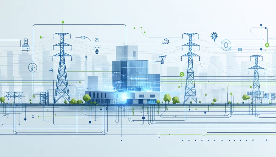 3D visualization showing energy distribution pathways and smart sensors throughout a modern building
