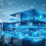 Conceptual illustration of a futuristic smart building with AI-driven energy management systems and IoT integration, emphasizing advanced data-driven energy optimization and sustainability.