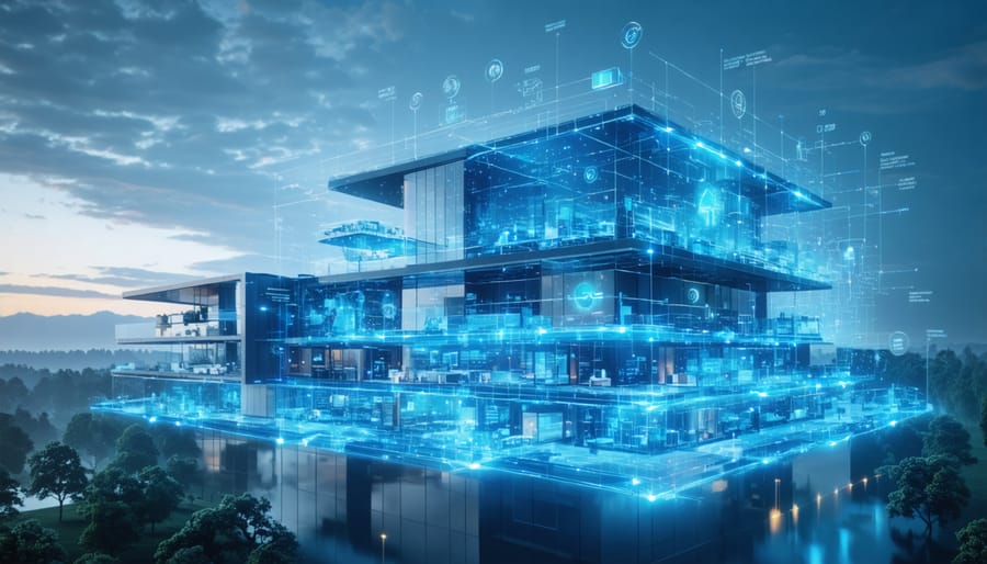 Conceptual illustration of a futuristic smart building with AI-driven energy management systems and IoT integration, emphasizing advanced data-driven energy optimization and sustainability.