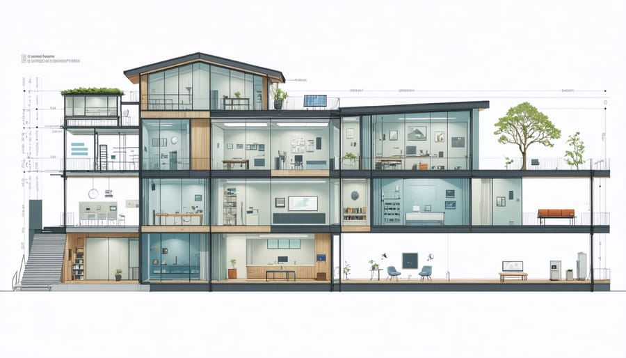 Detailed architectural diagram showing insulation layers, solar panels, and energy flow in a zero energy building