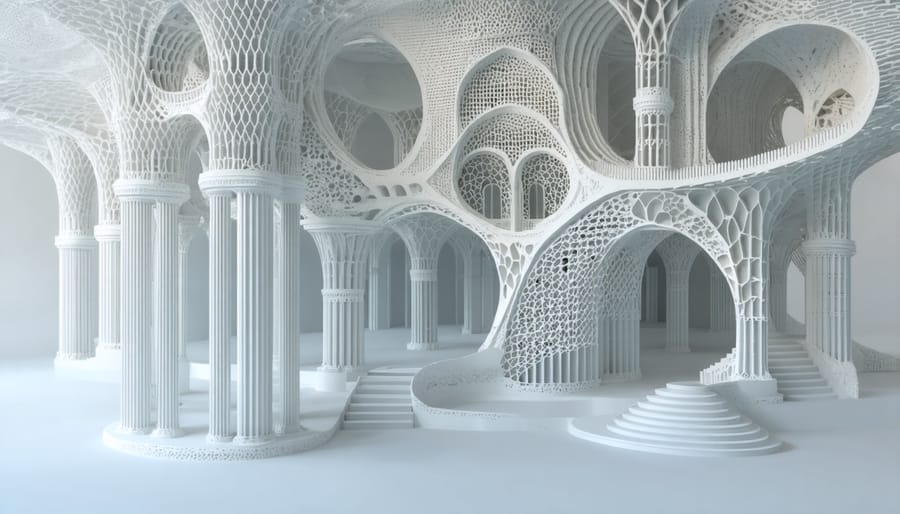 Intricate architectural design being created by a composite 3D printer showing detailed patterns and curves