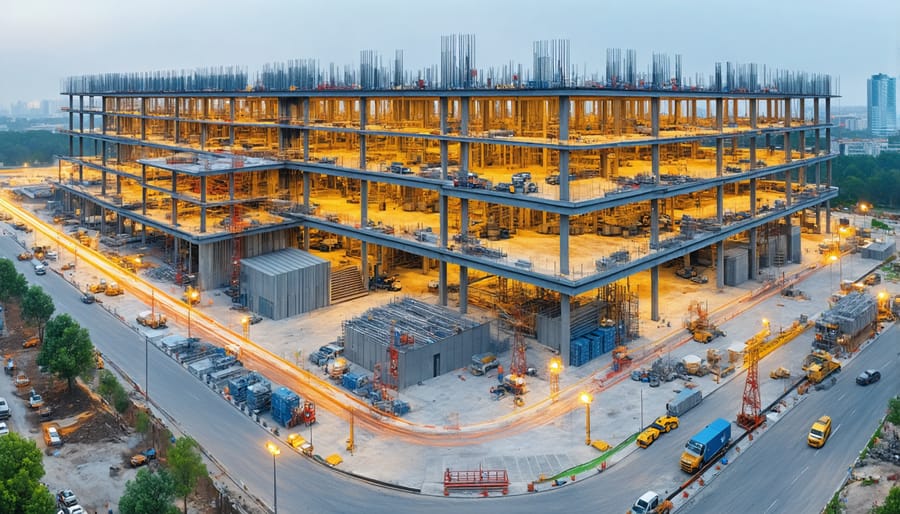 Interactive 3D construction site model with AI-generated schedule overlays and resource indicators