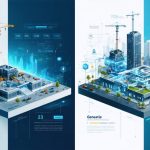 A creative digital illustration split into two sections; the left shows a futuristic construction site with graphs and charts representing predictive AI's analytics, while the right features constantly evolving architectural designs symbolizing generative AI's creative potential in construction.
