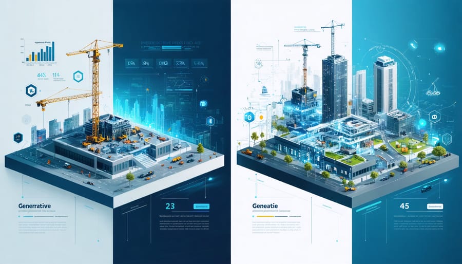 A creative digital illustration split into two sections; the left shows a futuristic construction site with graphs and charts representing predictive AI's analytics, while the right features constantly evolving architectural designs symbolizing generative AI's creative potential in construction.