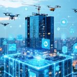 Conceptual illustration of a smart city with a digitally-integrated building, featuring visible IoT connections and AI interfaces, illustrating the transformation in property management through advanced technology.