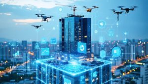 Conceptual illustration of a smart city with a digitally-integrated building, featuring visible IoT connections and AI interfaces, illustrating the transformation in property management through advanced technology.