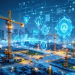 Conceptual illustration of a high-tech construction site showcasing AI-driven solutions in risk management, with digital screens, data streams, and AI icons harmonizing traditional construction elements.