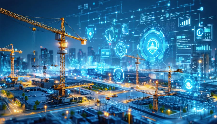Conceptual illustration of a high-tech construction site showcasing AI-driven solutions in risk management, with digital screens, data streams, and AI icons harmonizing traditional construction elements.