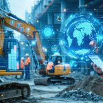 A digital interface overlay displaying AI analytics and graphs on a construction site, illustrating the integration of machine learning in supply chain risk assessment for construction projects.