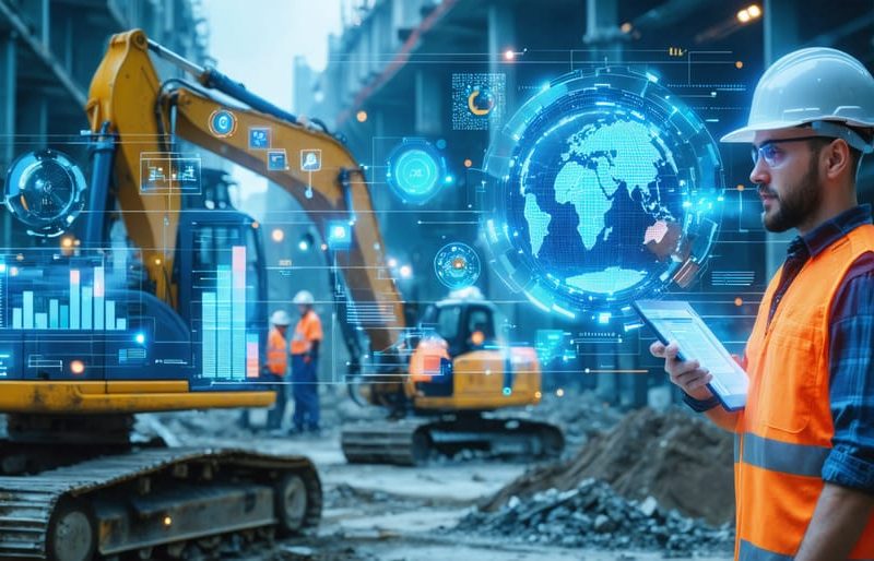 A digital interface overlay displaying AI analytics and graphs on a construction site, illustrating the integration of machine learning in supply chain risk assessment for construction projects.