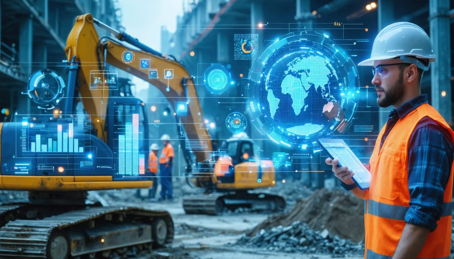 A digital interface overlay displaying AI analytics and graphs on a construction site, illustrating the integration of machine learning in supply chain risk assessment for construction projects.