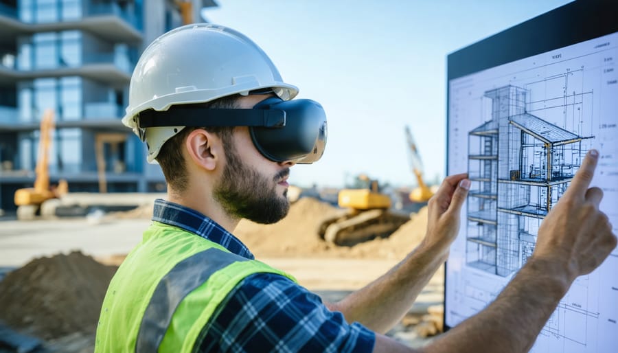 Construction professional wearing AR glasses viewing digital building model overlaid on construction site