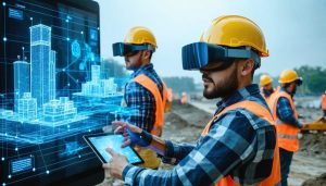 Construction workers on-site wearing AR headsets and using tablets to visualize digital 3D models overlaid on the actual construction environment, showcasing the integration of augmented reality technology.