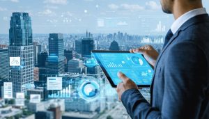Illustrative representation of asset and property management roles in real estate, featuring a city skyline, digital dashboards, and interactions between managers and tenants.