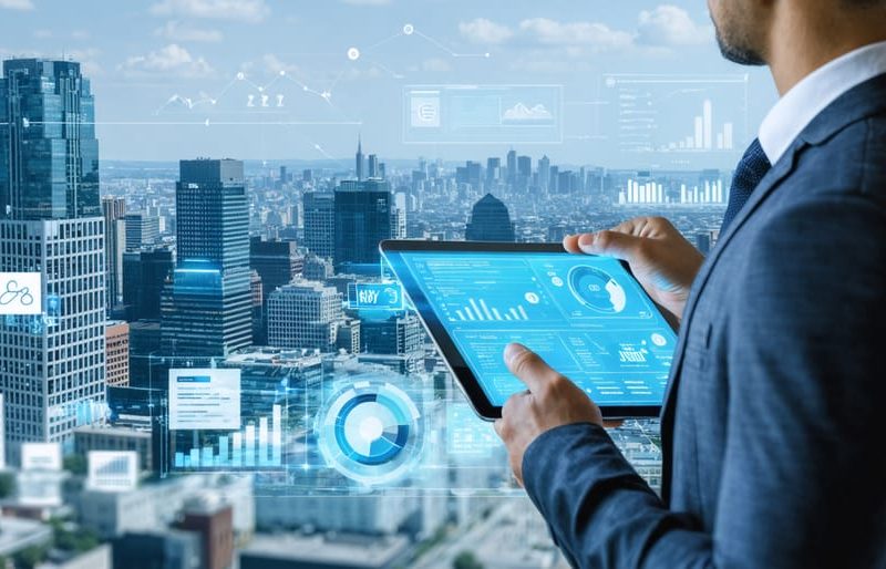 Illustrative representation of asset and property management roles in real estate, featuring a city skyline, digital dashboards, and interactions between managers and tenants.
