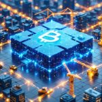 Conceptual cityscape featuring digital blocks symbolizing blockchain, with glowing lines representing smart contracts and real-time asset tracking in property asset management.
