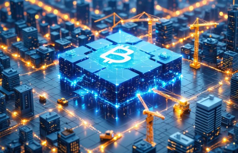 Conceptual cityscape featuring digital blocks symbolizing blockchain, with glowing lines representing smart contracts and real-time asset tracking in property asset management.