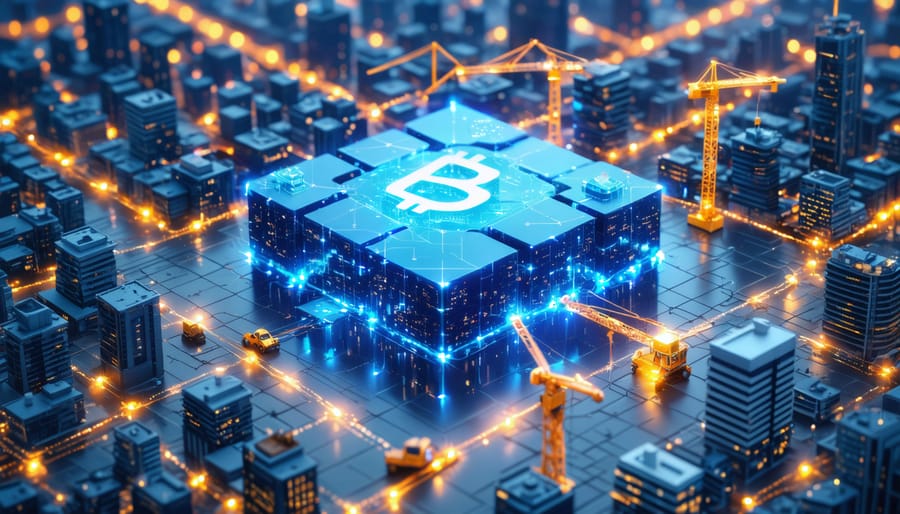 Conceptual cityscape featuring digital blocks symbolizing blockchain, with glowing lines representing smart contracts and real-time asset tracking in property asset management.