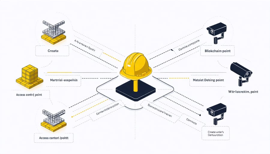 Network diagram showing blockchain integration with construction site security systems
