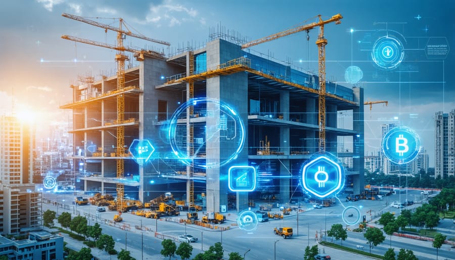 Construction site with digital overlay showing real-time blockchain asset tracking