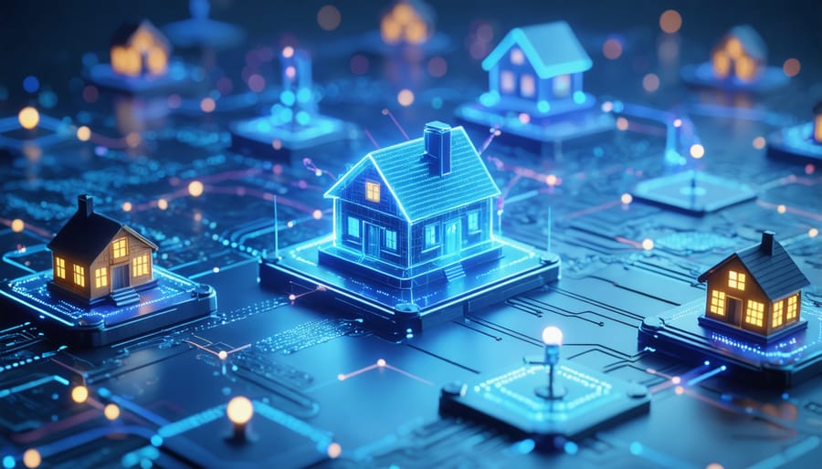 3D blockchain structure showing interconnected blocks containing property asset data