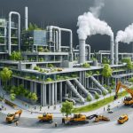 Artistic portrayal of a modern construction site utilizing carbon capture technology, depicting machinery capturing emissions and transforming them into sustainable building materials.