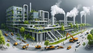 Artistic portrayal of a modern construction site utilizing carbon capture technology, depicting machinery capturing emissions and transforming them into sustainable building materials.