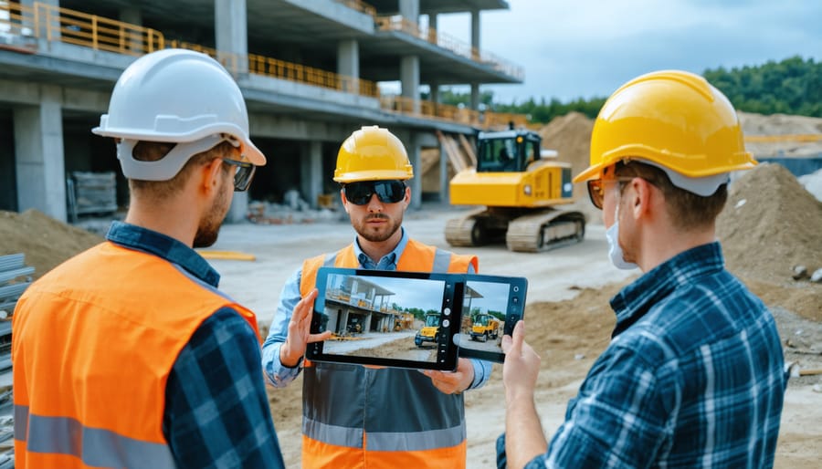 Construction team collaborating with AR tablets showing project timeline overlay