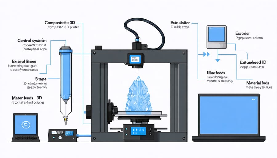 Technical diagram illustrating the main components and mechanics of a composite 3D printer