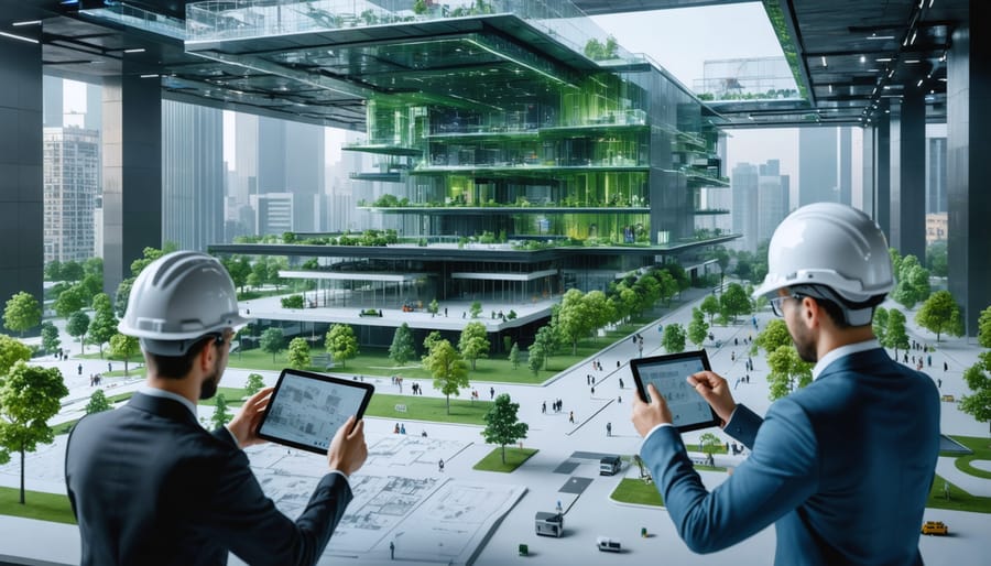 A futuristic construction site with a large-scale composite 3D printer creating a building segment. Diverse professionals are analyzing digital plans, symbolizing innovation and collaboration.