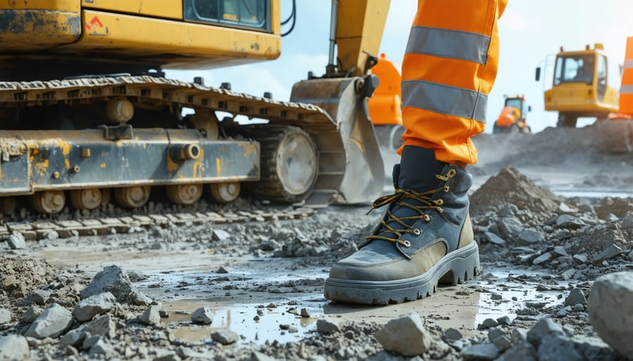 Construction site with overlaid computer vision detection highlighting workers, equipment, and safety zones