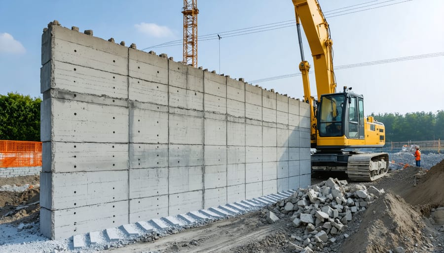 Industrial composite 3D printer creating a structural wall element at a construction site