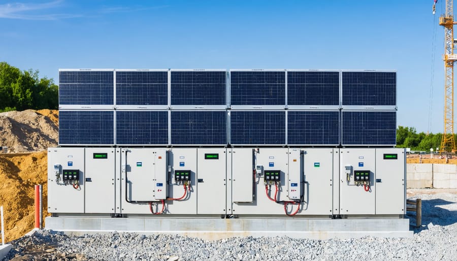 Industrial battery storage system with power distribution infrastructure at an active construction site