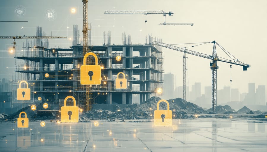 Construction site with digital security symbols showing cryptocurrency protection protocols