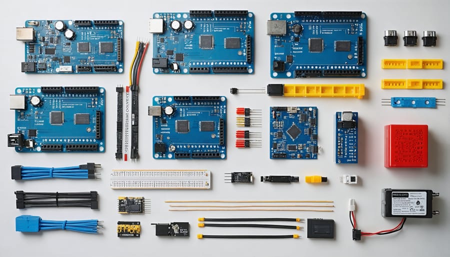 Workbench displaying various electronic components and tools for DIY construction monitoring systems