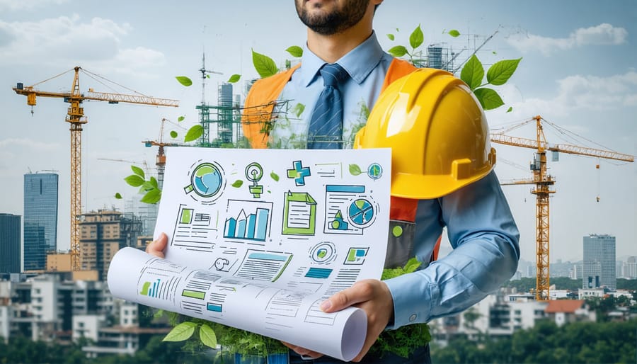 Illustration of a construction foreman with blueprints, surrounded by symbols of safety, sustainability, and compliance against a backdrop of cranes and city skyline.