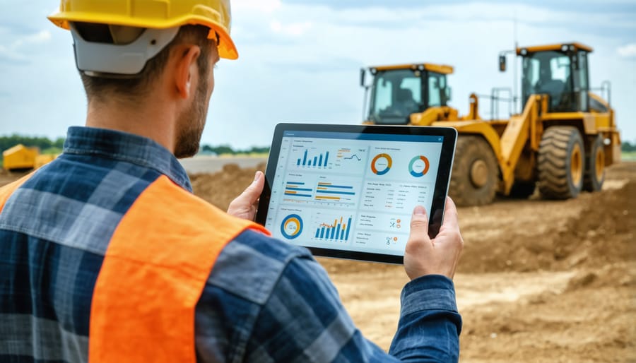 Construction professional reviewing digital risk assessment data on tablet at job site